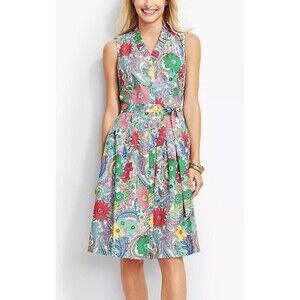 Talbots Flare Floral Multicolor Midi Dress Sz 16 Poplin Retro Pleated Button